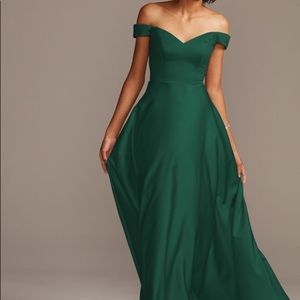 Brand New Emerald Satin Off Shoulder Gown.